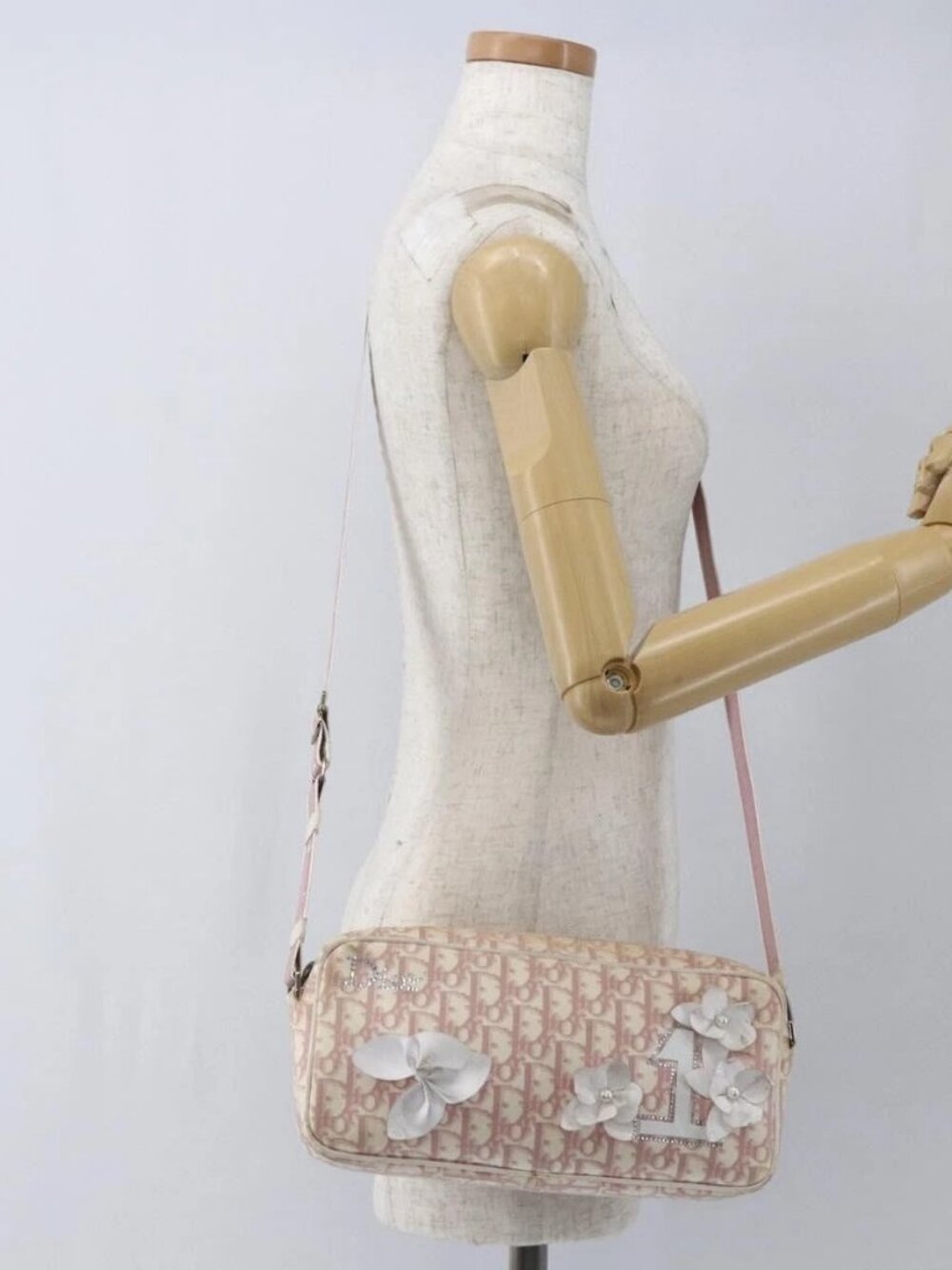 Christian Dior Trotter Canvas Shoulder Bag Pink Silver Auth bs32338